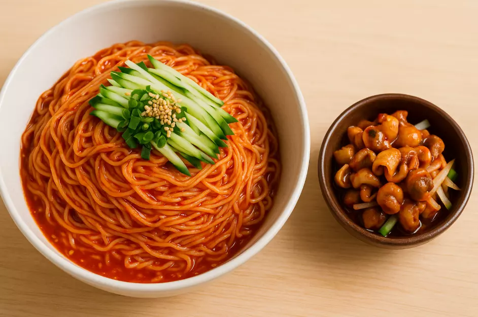 비빔국수와 골뱅이는 새콤매콤한 맛이 입맛을 돋운다. 따로 먹어도 섞어 먹어도 맛이 좋다.