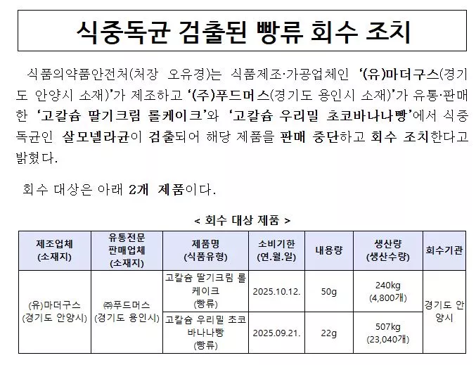 풀무원 빵 제품이 식중독 발생으로 회수 조치됐다.