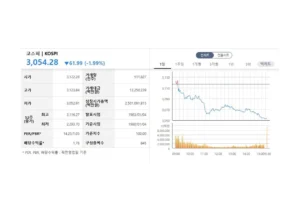 코스피 2% 하락 마감…기관 차익 실현에 3054선 후퇴